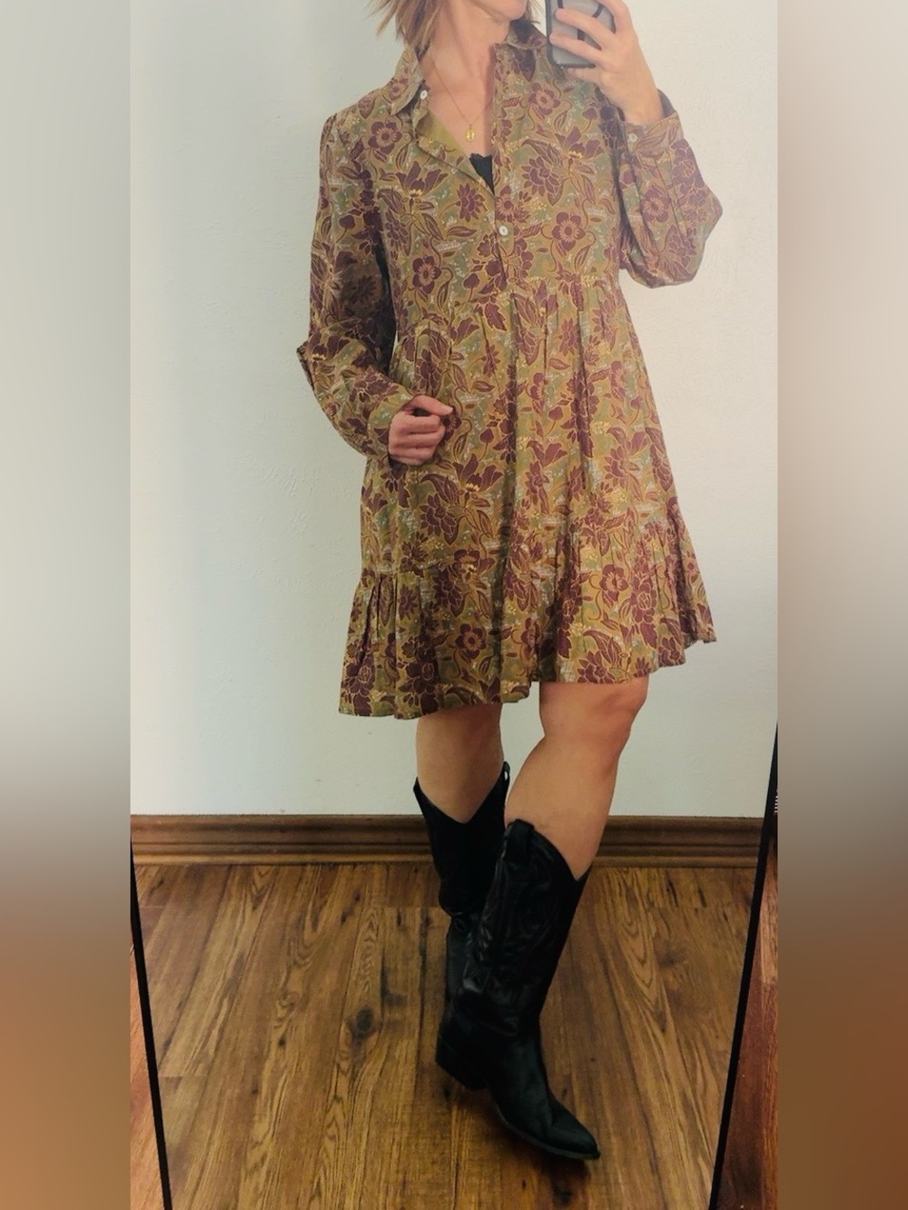 Tiered Floral Mini Dress in Olive & Burgundy